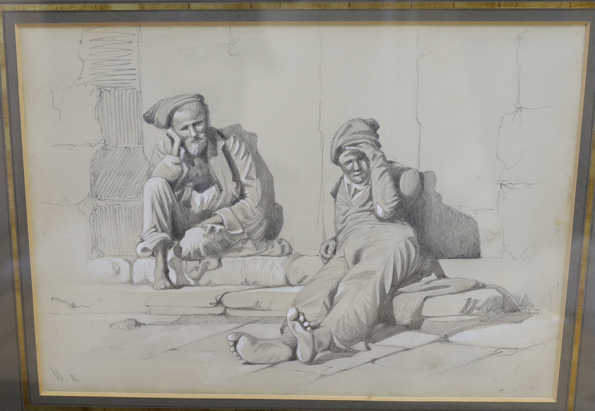 19th Century Neapolitan School, set of seven heightened pencil drawings, Italian and North African figures, largest 24cm x 17cm